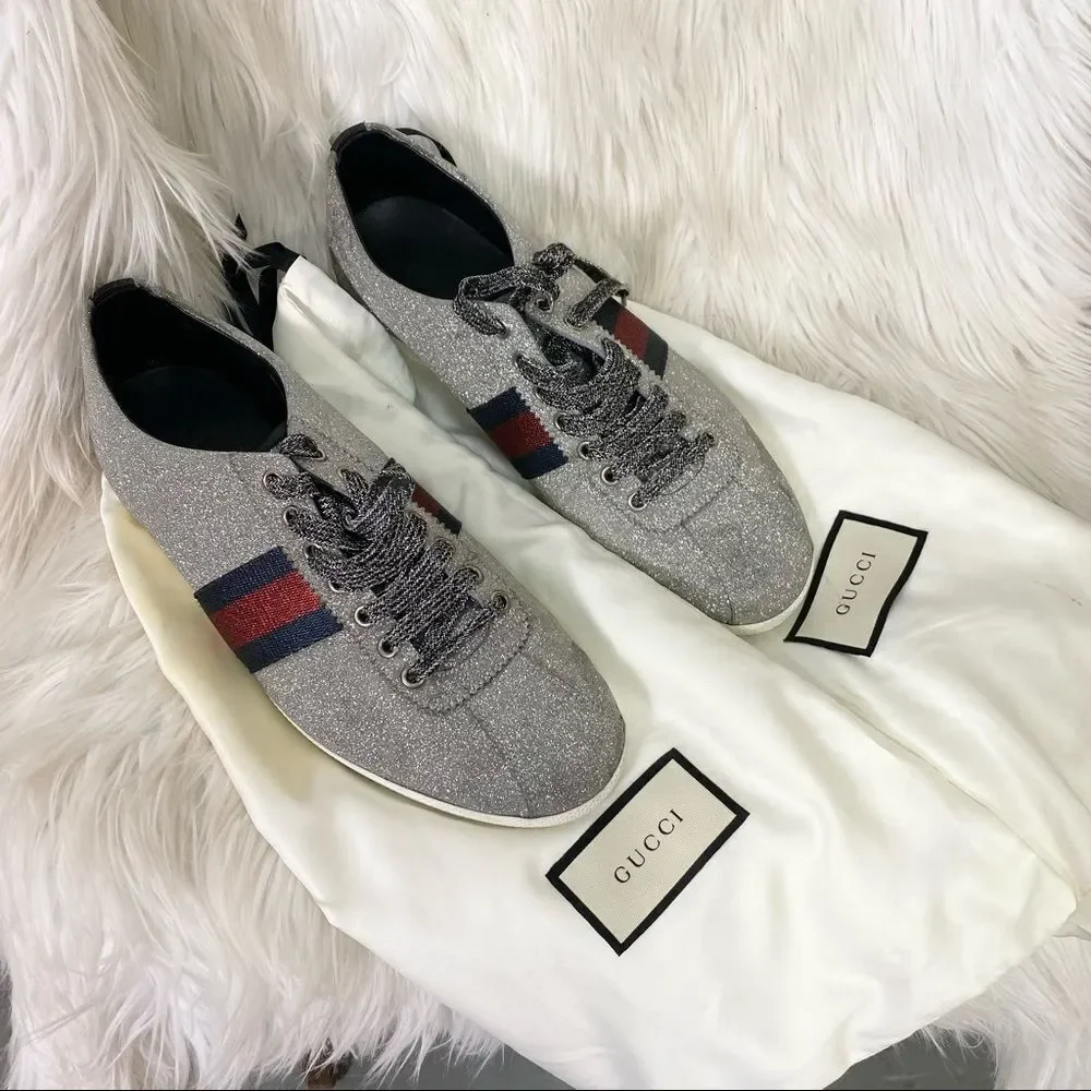 GUCCI Silver Metallic Glitter Web Leather Sneakers With Studs #414684 Size 9